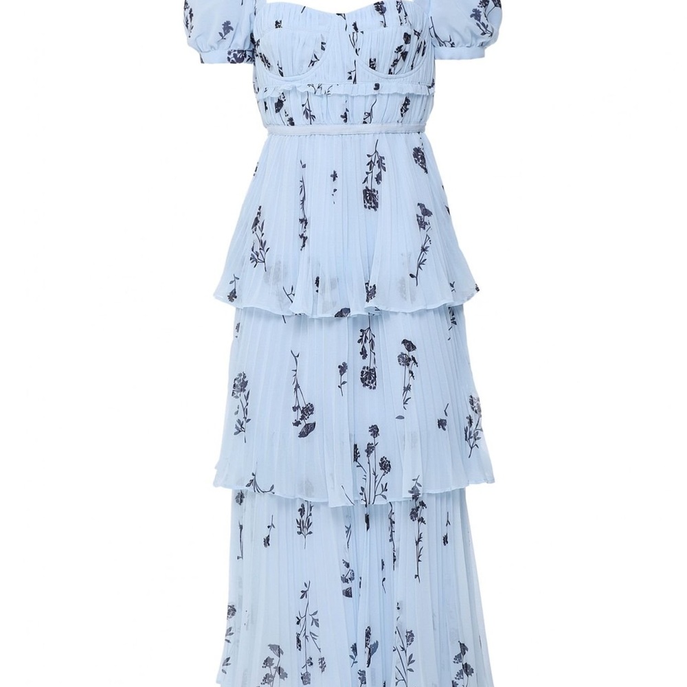 Self Portrait Blue Floral Tiered Blue Dress
